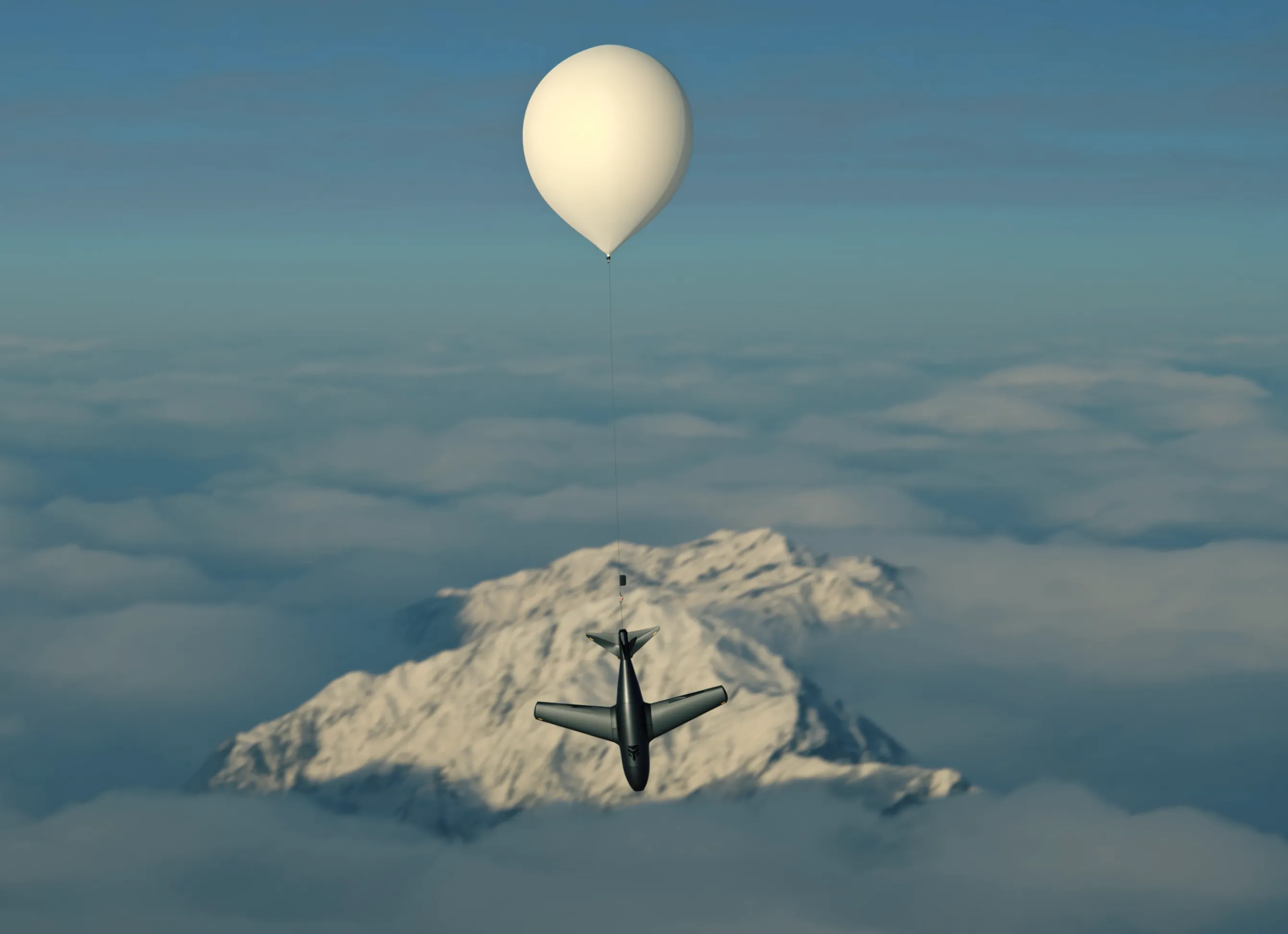 Odin ascending under a stratospheric balloon above the cloud layer